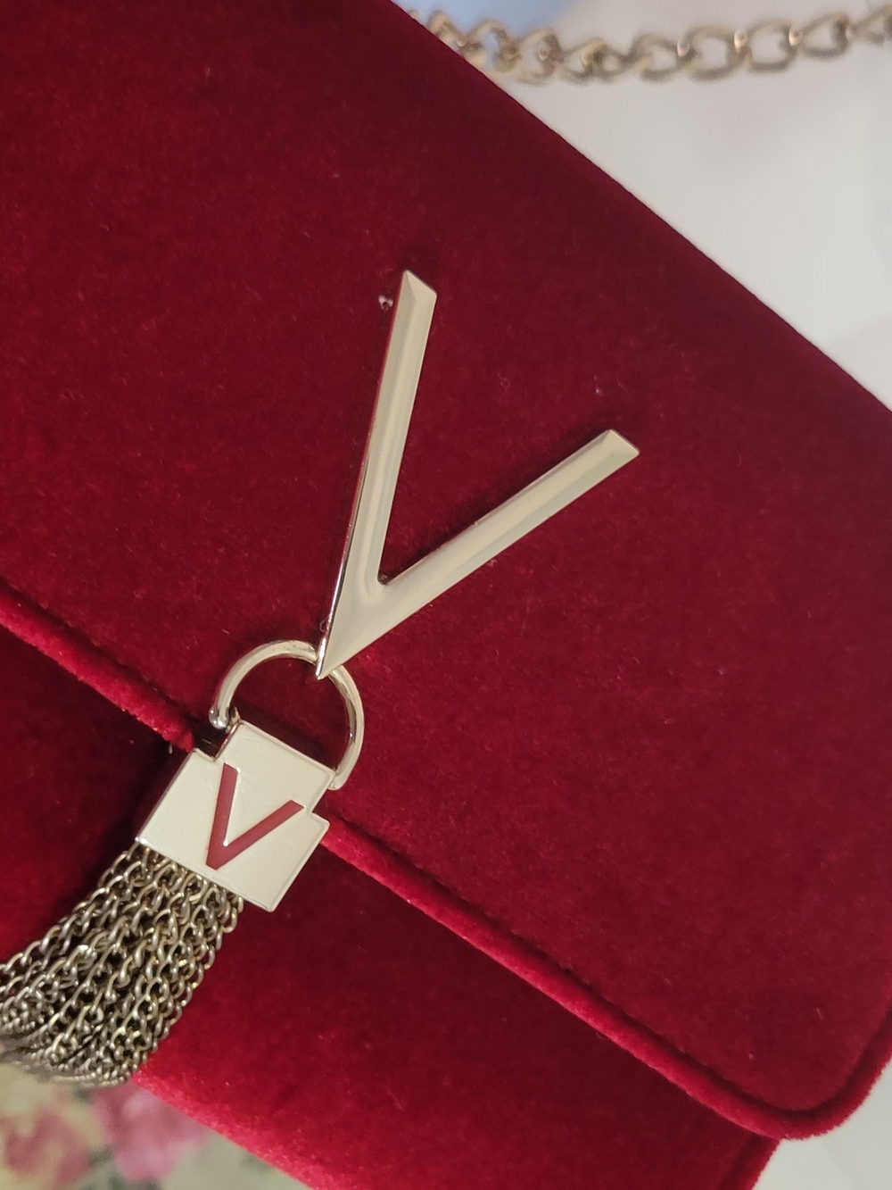 Mario Valentino Red Velvet Shoulder Bag with Gold V Tassel